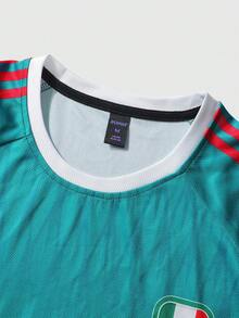 ROMWE MEN Prep Men's Round Neck Raglan Sleeve Casual Breathable Football Graphic Short Sleeve T-Shirt - Green - View 6