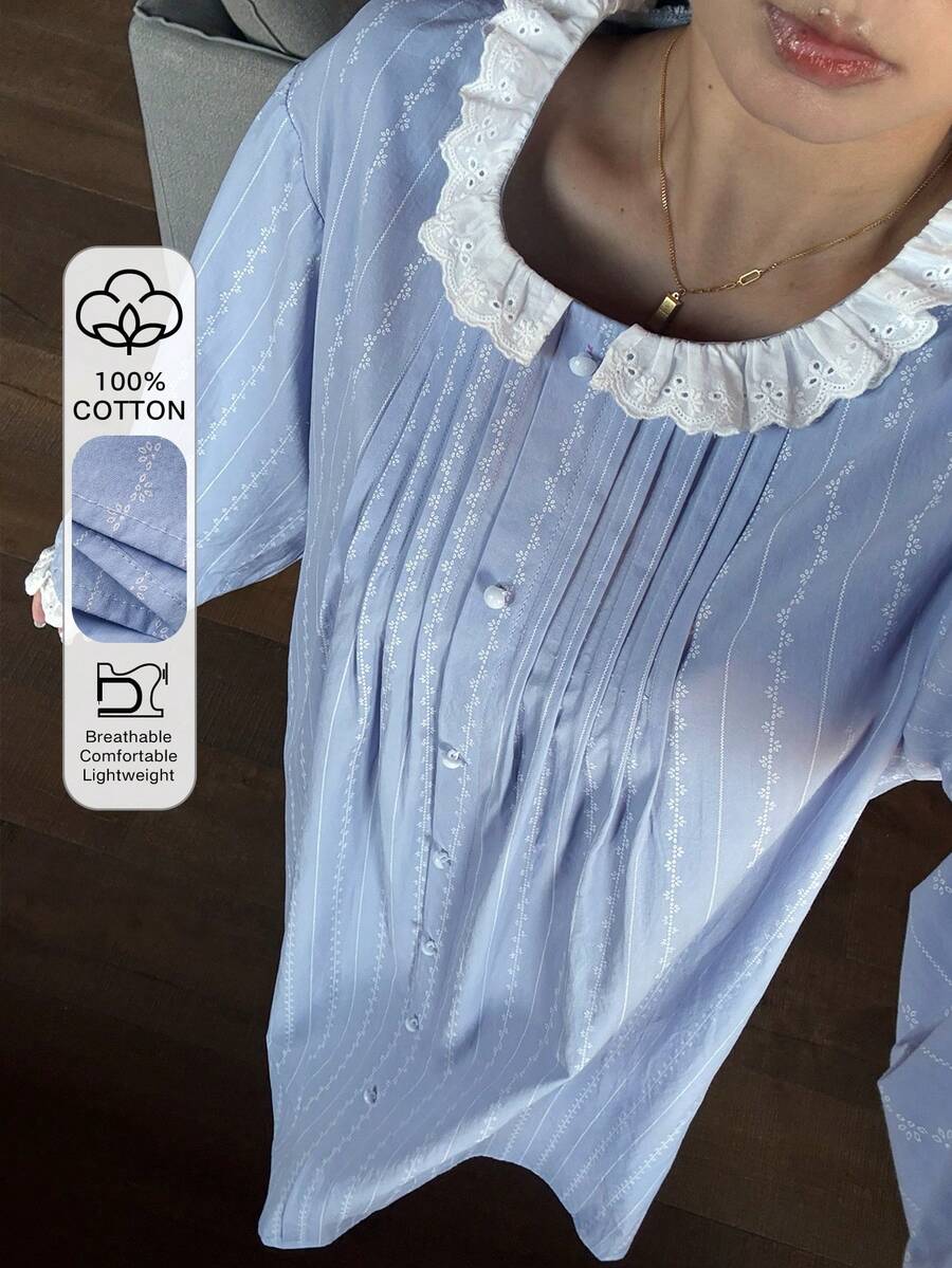 DAZY 甜美条纹图案印花撞色滚边宽松女士睡裙 - 藍色 - 查看 1