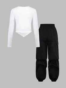 SHEIN Girlism 2pcs Tween Girls Casual Ribbed Star Print T-Shirt And Ruched Pants Set - Black and White - View 2