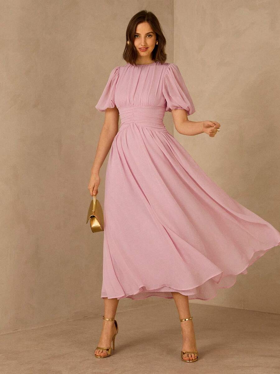 Enchnt 女士纯色褶皱圆领休闲短袖连衣裙 - Butter Yellow - 查看 1