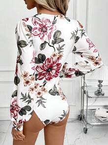 SHEIN Clasi 豹纹蕾丝V领女士长袖连体衣 - 彩色 - 查看 3