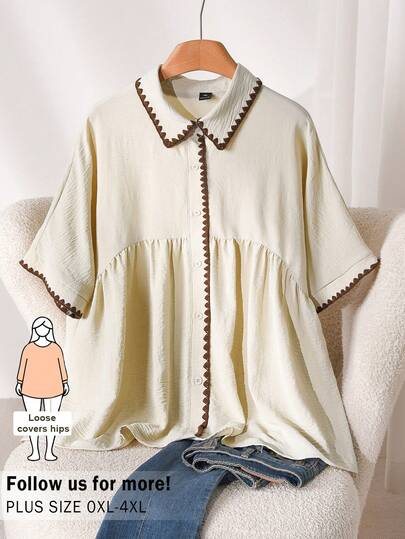 CosyJoli 大码女式翻领褶裥单排扣休闲百搭日常短袖衬衫