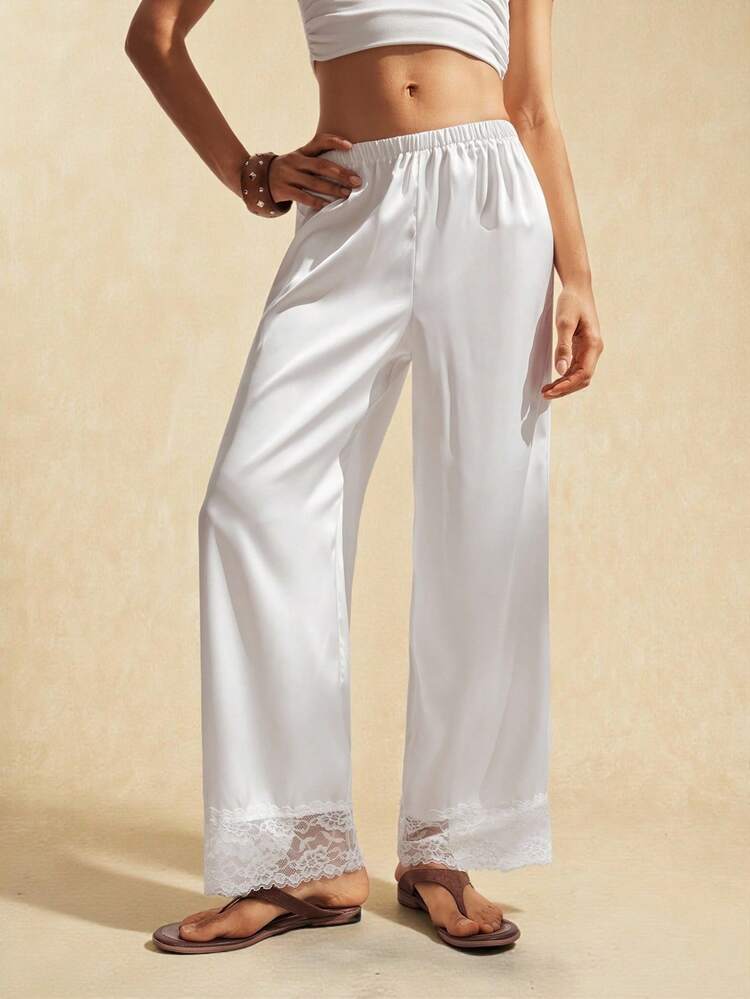 Easelle Women's Solid Color Minimalist Lace Patchwork Pants, Everyday Wear  White Summer Clothes Valentine's Day Elegant Going Out - White - View 6