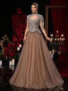 Glamrae 优雅奢华的串珠亮片花卉可拆卸外套和薄纱长裙，适合婚礼、派对、度假、盛会、正式场合（装饰繁复） - 藕粉色 - 查看 4