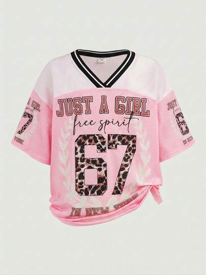 SHEIN Tween Girl Casual Street Y2K Leopard Print 67 Slogan Patchwork Mesh V-Neck Ribbed Trim Oversized Drop Shoulder Short Sleeve Knit T-Shirt, Pink