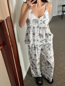 DAZY Animal Silhouette Print Camisole Top And Loose Pajama Pants Women Sleepwear Set - White - View 6