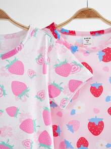 2件套女童可爱卡通绵羊印花短袖长款睡衣套装，简约时尚粉色和灰色 - 彩色 - 查看 4