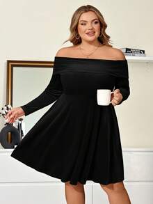 Enliva Vestido de terciopelo de manga larga para mujer de talla grande, vestido de hombros descubiertos para otoño/invierno, vestido de Navidad, Día de San Valentín, para figura de manzana y redondeada - Negro - Ver 7