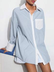 Maija 女士春季时尚百搭宽松撞色滚边单排扣翻领长袖衬衫