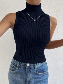 RosyDaze Atasan Rajut Elegan Tanpa Lengan Model Turtleneck Warna Polos - Royal Blue - View 4