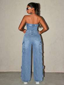 SHEIN ICON Women's Summer Casual Flap Pocket Denim Jumpsuit - Blue - View 2