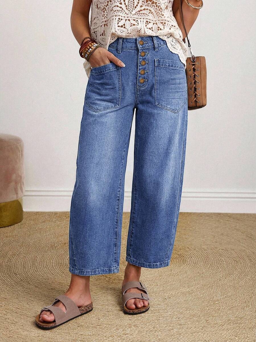 EMERY ROSE Women's Button Front Pocket Relaxed Fit Straight Leg Jeans - Blue - View 1