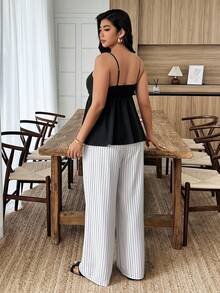 Weeklong Plus Size Women Black Summer Smart Casual Everyday Vacation Outfit Sets,Spaghetti Strap Square Neck Contrast Stripe Ruffle Hem 2 Pieces Wide Leg Pants - Black and White - View 2