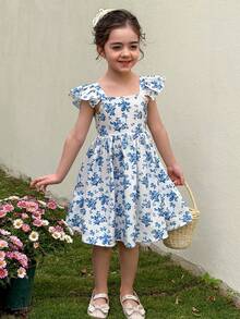 LMoss Kids 少女優雅蝴蝶結裝飾荷葉邊花卉印花合身收腰裙 藍色背後蝴蝶結 迷人花園風 飄逸袖 - 彩色 - 查看 4