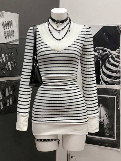 StreetHx Vestido corto de mujer casual de manga larga con cuello en V a rayas