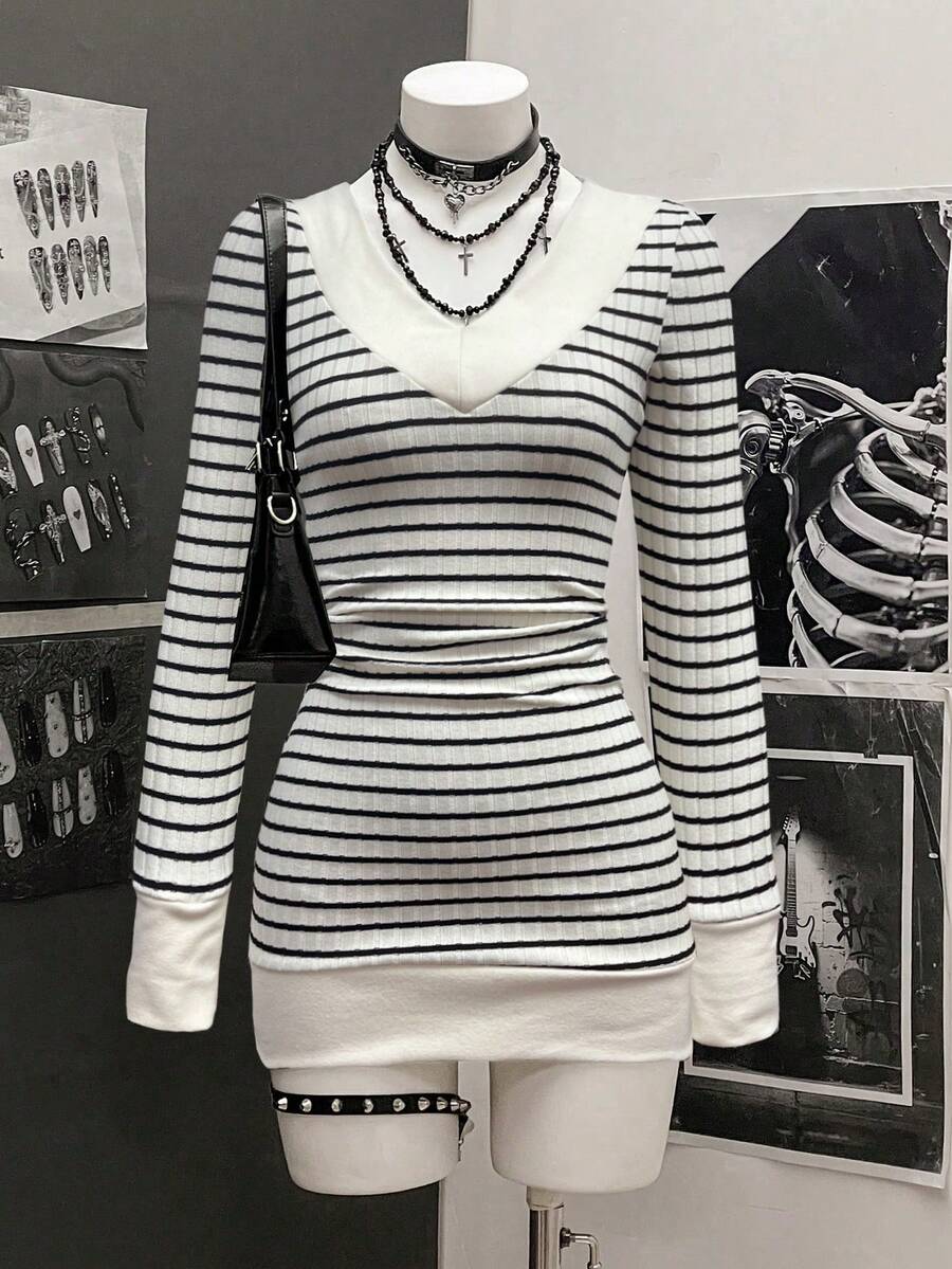 SHEIN Unity Women's Casual Striped V-Neck Long Sleeve Short Dress - Multicolor - View 1
