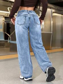 SHEIN PETITE 女士口袋宽松阔腿休闲百搭牛仔裤 - 淺色水洗藍 - 查看 2