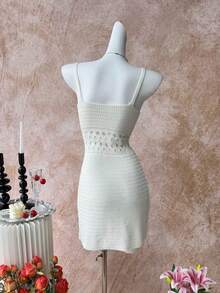 Selianne Hollow Crochet Knit Fitted Sexy Spaghetti Strap Women Sweater Dress, Spring/Summer - Beige - View 2