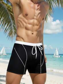 ZELFYO 男士撞色腰带泳裤，适合海滩和度假 - 黑色 - 查看 3
