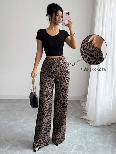 Rafferiza Vintage Leopard Print High Waist Wide Leg Pants, Fashionable Slimming Relaxed Fit Casual/Office/Daily Wear Straight Leg Trousers