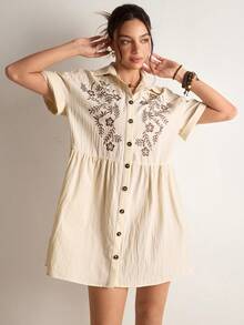 Freevana Holiday Loose Embroidered Casual Women Summer Shirt Dress With Ruffled Hem - Beige - View 3