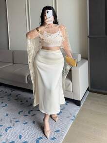 Dazy Plus 大码女式薄纱蕾丝圆领不对称斗篷派对上衣/衬衫 - 金色 - 查看 4