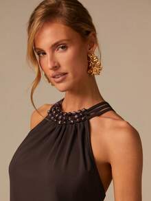 COSMINA Đầm ngắn không tay ôm sát, thanh lịch dành cho nữ, đính ngọc trai, đa năng cho đi làm, công sở, du lịch, phong cách boho, đi biển, đám cưới, hẹn hò, mùa xuân. - màu nâu - Xem 1