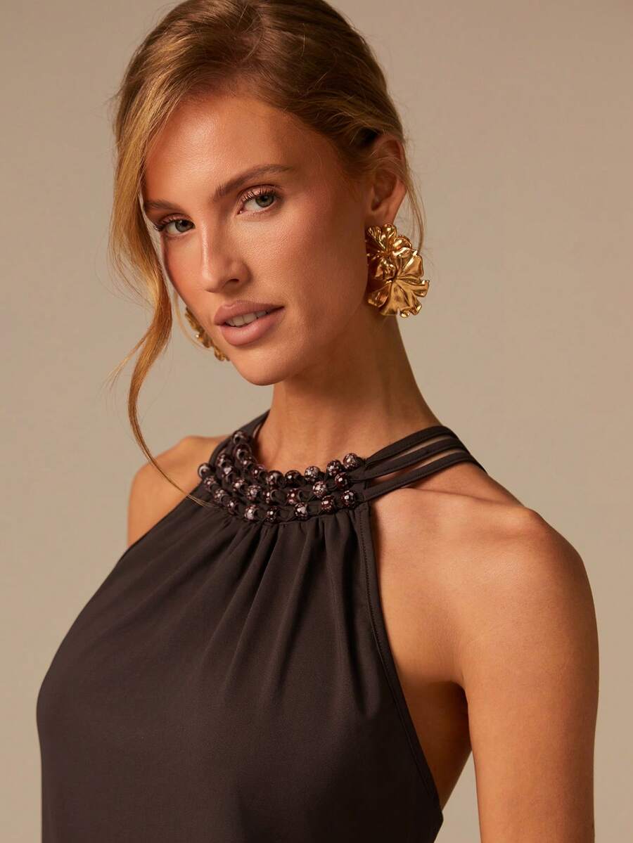 COSMINA Đầm ngắn không tay ôm sát, thanh lịch dành cho nữ, đính ngọc trai, đa năng cho đi làm, công sở, du lịch, phong cách boho, đi biển, đám cưới, hẹn hò, mùa xuân. - màu nâu - Xem 1