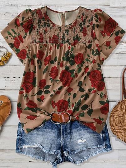 SHEIN LUNE Plus Size Women's Vintage Brown Rose Ruffle Double Layer Loose Casual Vacation Shirt