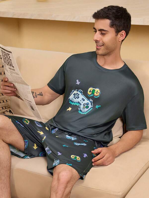 Velminro Men's Comfortable Soft Game Controller Printed Short Sleeve Loungewear Top