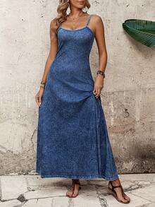 EMERY ROSE 女士纯色休闲百搭牛仔吊带裙 - 藍色 - 查看 3