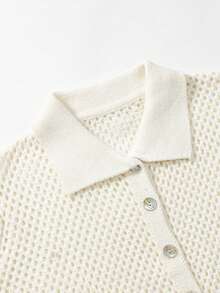 Franclia Women's Basic Minimalist Hollow Out Fashion Commute Collared Sweater Set With Shorts - Beige - View 5