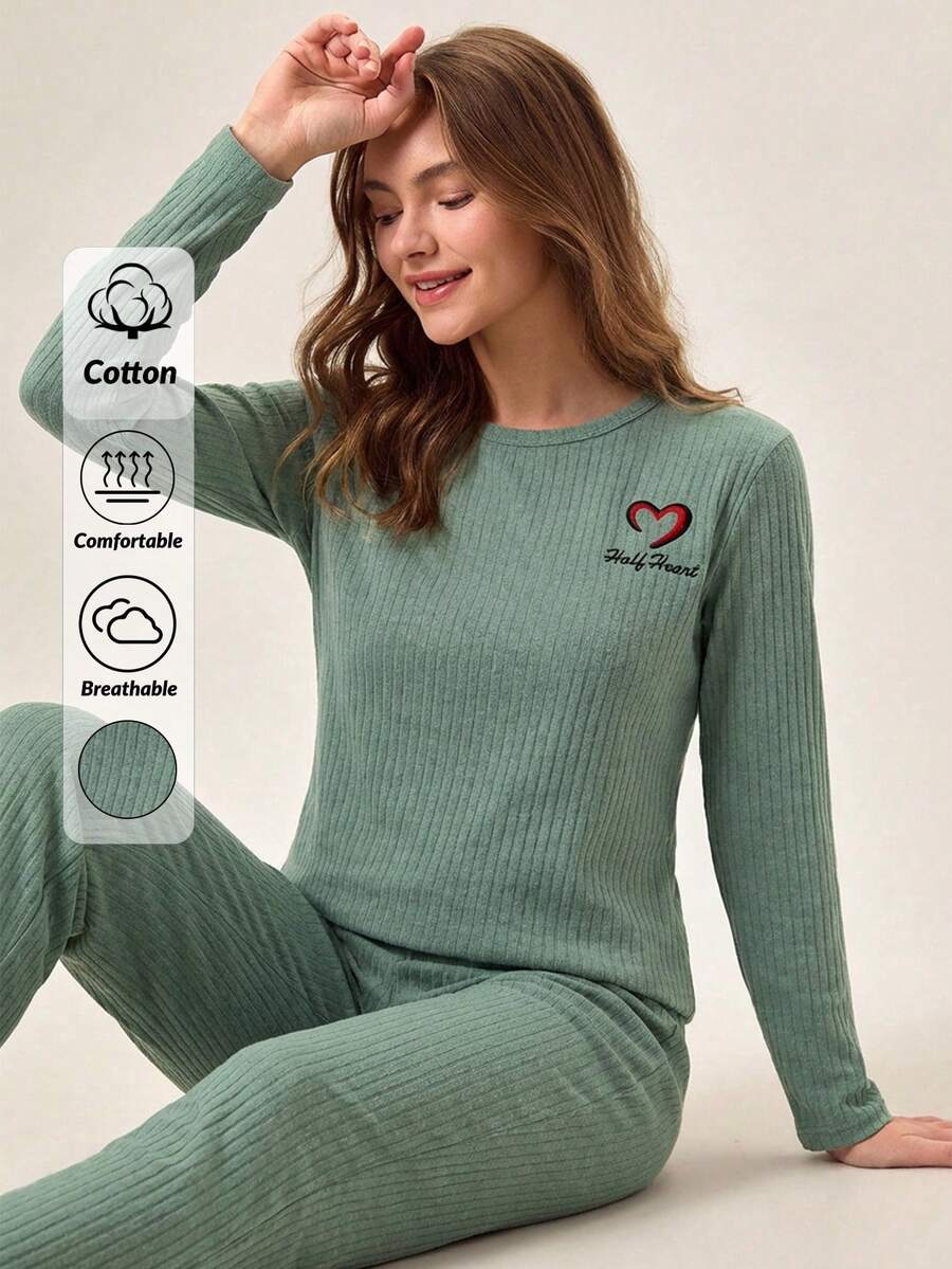 Loomlin 100%Cotton Letter Embroidery Ribbed Knit Lounge Set - Mint Green - View 1