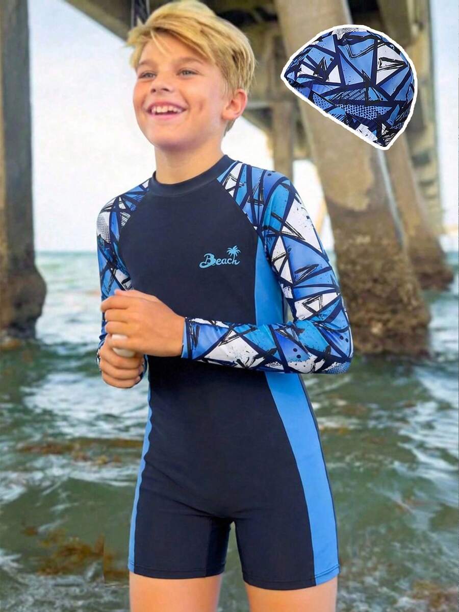 两件套男童连帽拉链泳衣，蓝白印花图案，充满海滩风情，适合度假，开启夏日时尚之旅 - 藍色 - 查看 1