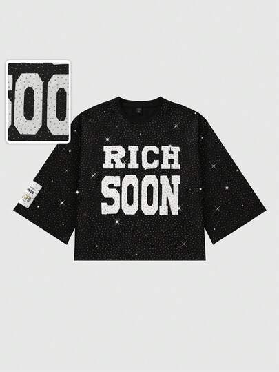 Street Life Maglietta da uomo con ricamo di strass, manica a 3/4