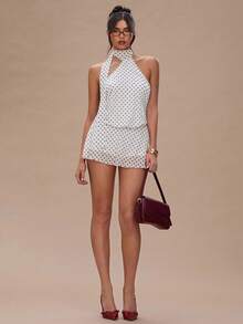 SHEIN Tall CURVE Vestido de verano con estampado de lunares y escote halter sin espalda para tallas grandes - Blanco y Negro - Ver 3