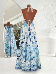 Franclia Women's Summer Vacation Casual Halter Backless Printed Dress - Blue - View 2