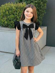 SHEIN Tween Girl Plaid Bow Accent Cap Sleeve A-Line Dress - Black and White - View 5