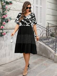 Miaspire 大码女式印花V领短袖拼接度假连衣裙 - 彩色 - 查看 4