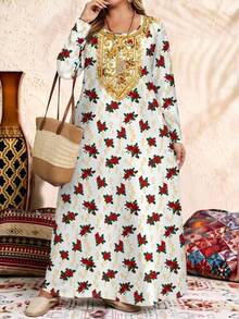 EMERY ROSE Plus Size Long Sleeve Round Neck Dress, Suitable For Autumn/Winter/Vacation/Summer/Spring - Multicolor - View 6