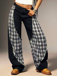 Denimoi Plaid Contrast Baggy Barrel Jeans Boyfriend Jeans Fashionable Streetwear Statement Jeans - Dark Wash - View 4