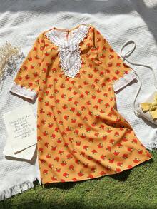 SHEIN Vintaside Kids Girls' Orange Floral Long Sleeve Dress, Fashionable Lace Design Casual Wear For Spring/Autumn - Orange - View 3