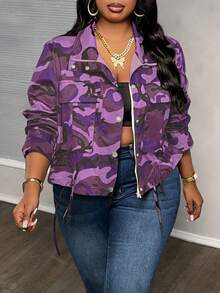 Slaydiva Plus Size Camouflage Print Drawstring Hem Jacket For Dailywear Winter Fall Autumn - Purple - View 1