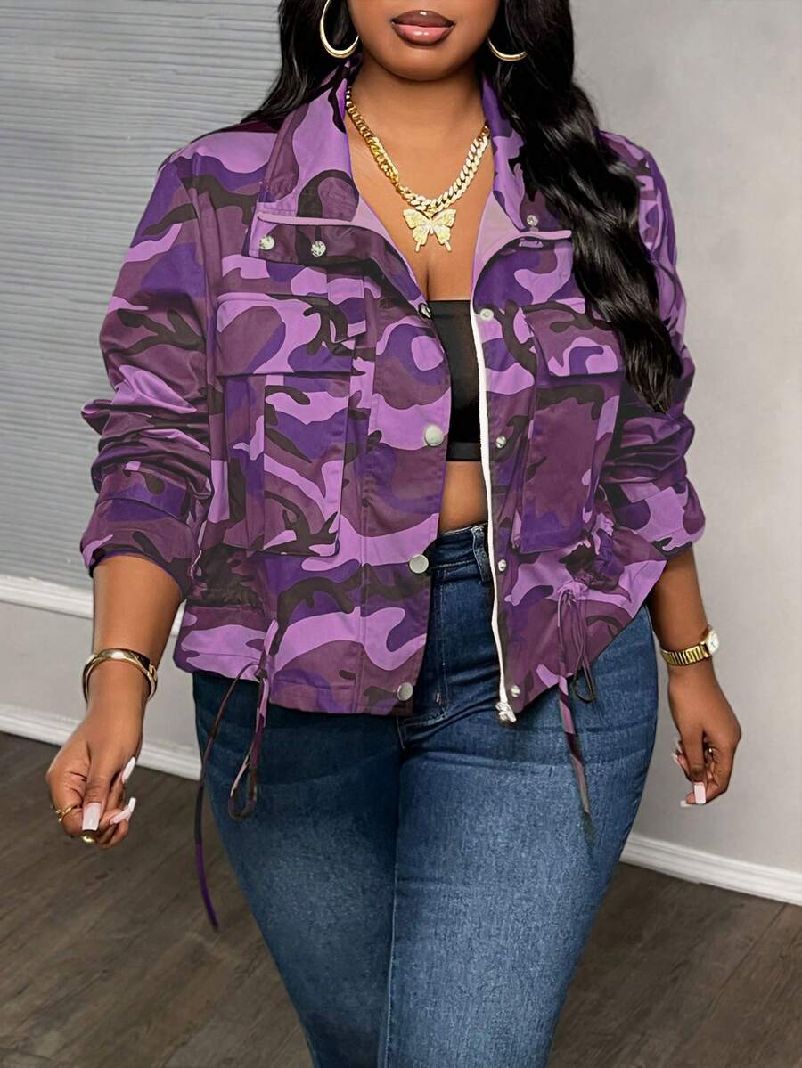 Slaydiva Plus Size Camouflage Print Drawstring Hem Jacket For Dailywear Winter Fall Autumn - Purple - View 1