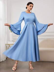 Al Najma 女士优雅奢华水钻链条装饰腰带喇叭袖阿拉伯风格连衣裙 - 藍色 - 查看 5