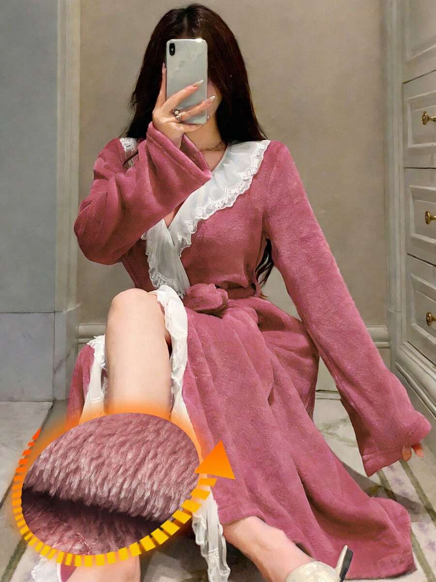 DAZY Women's Long Plush Lace Ruffle Hem Splice Pink Bathrobe, Winter - Baby Pink - View 1