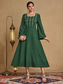 SHEIN Najma Fashionable New Heavy Embroidered Modest Arabic Style Dress For Women - Army Green - View 4