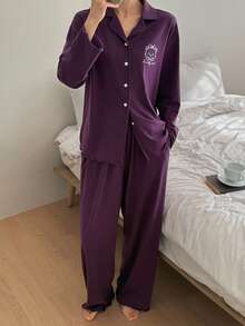 DAZY 2pcs Women Bear Graphic Loose Cardigan Long Sleeve & Pants Pajama Set, Autumn - Purple - View 10