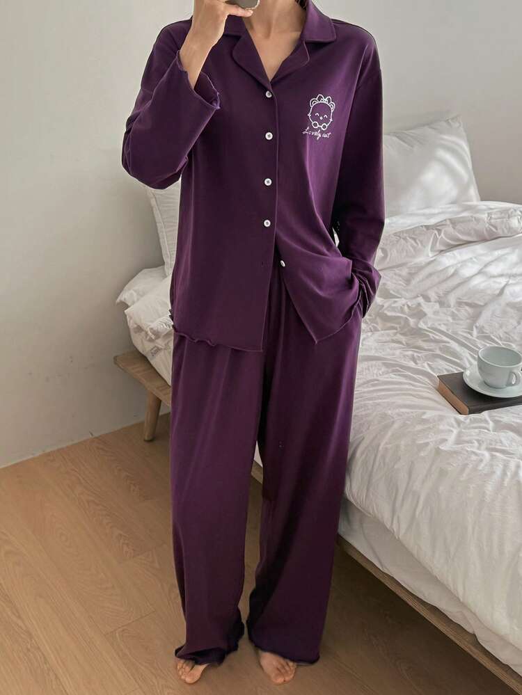 2pcs Women Bear Graphic Loose Cardigan Long Sleeve & Pants Pajama Set, Autumn