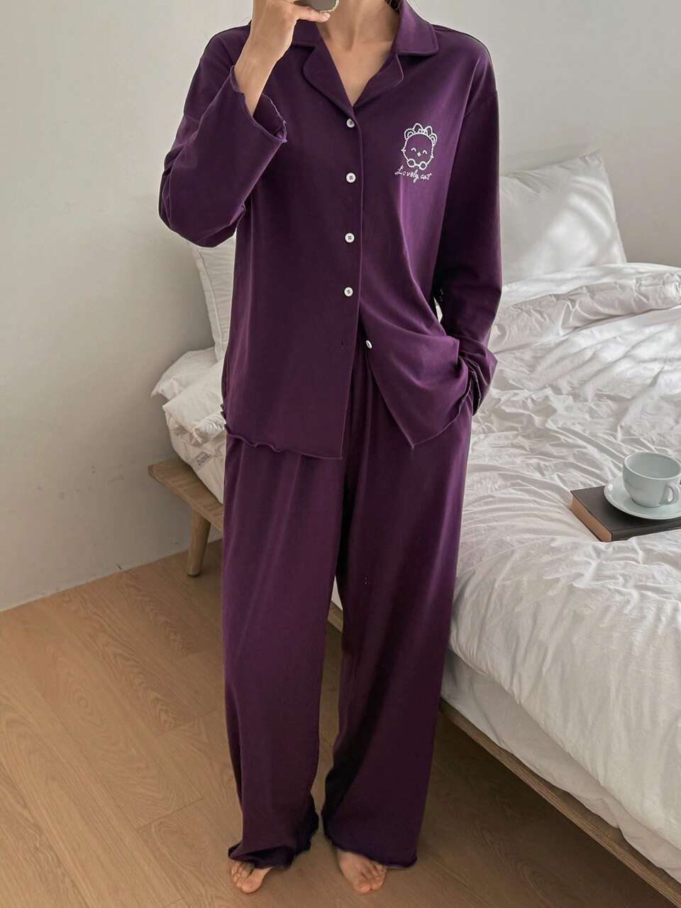 2pcs Women Bear Graphic Loose Cardigan Long Sleeve & Pants Pajama Set, Autumn